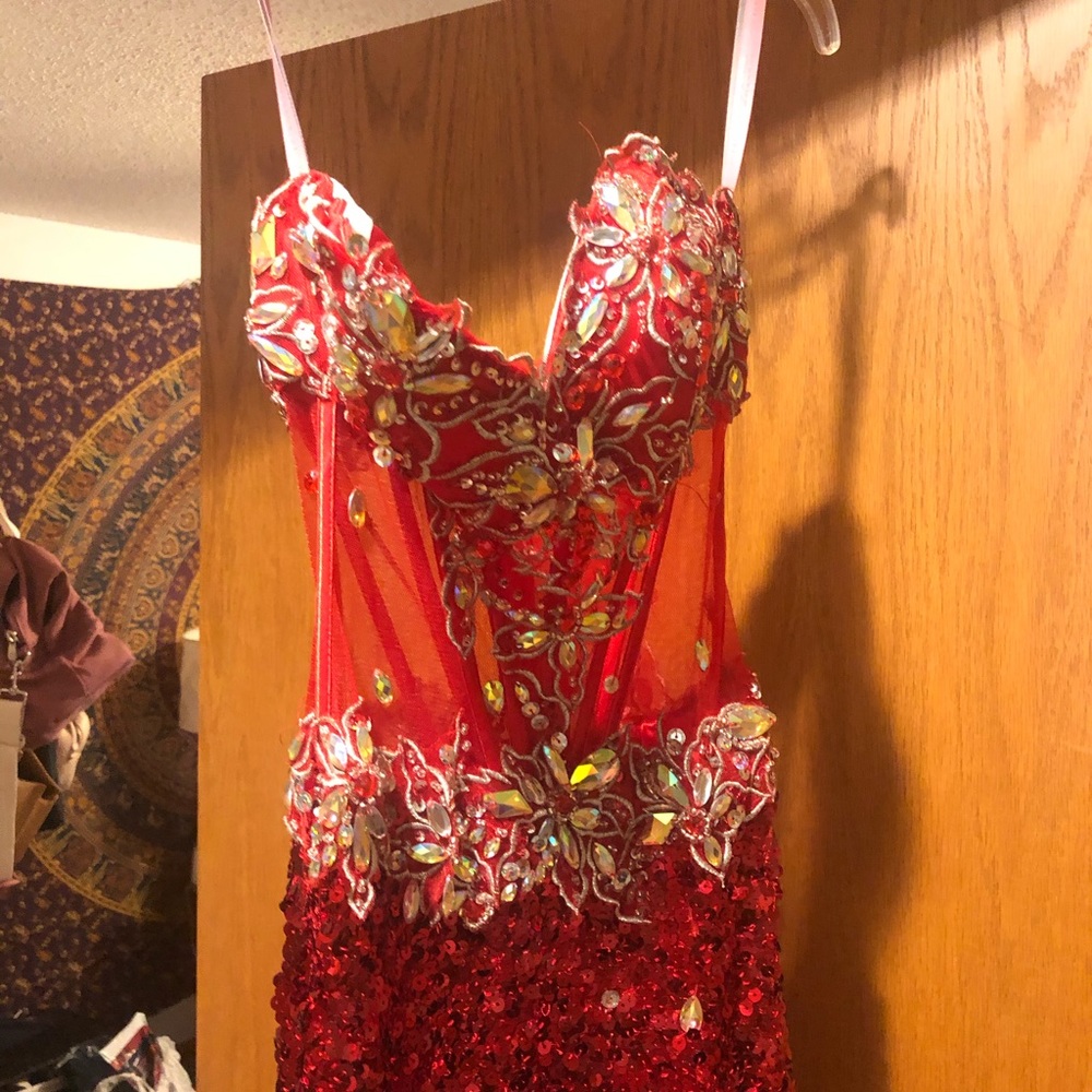 Red sequined blush prom dress